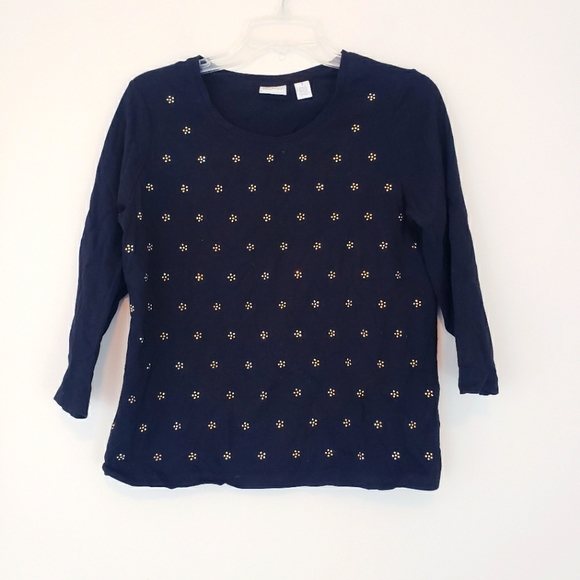 Chico's Black Long Sleeve Shirt Gold Rhinestone Gem Starburst Size 1 - Picture 1 of 6